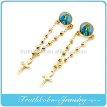 TKB-E0023 catholic style rosary beads chain jewelry with Virgin Mary and cross 316L stainless steel gold drop earrings for women